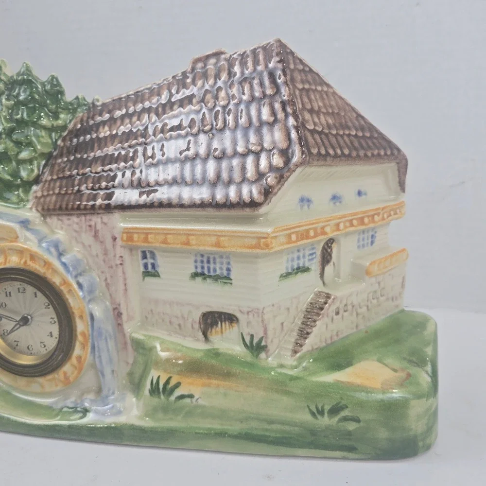 Vtg 1950s German Watermill Mantel Clock Ceramic Alpine Scene 12x8x3 READ